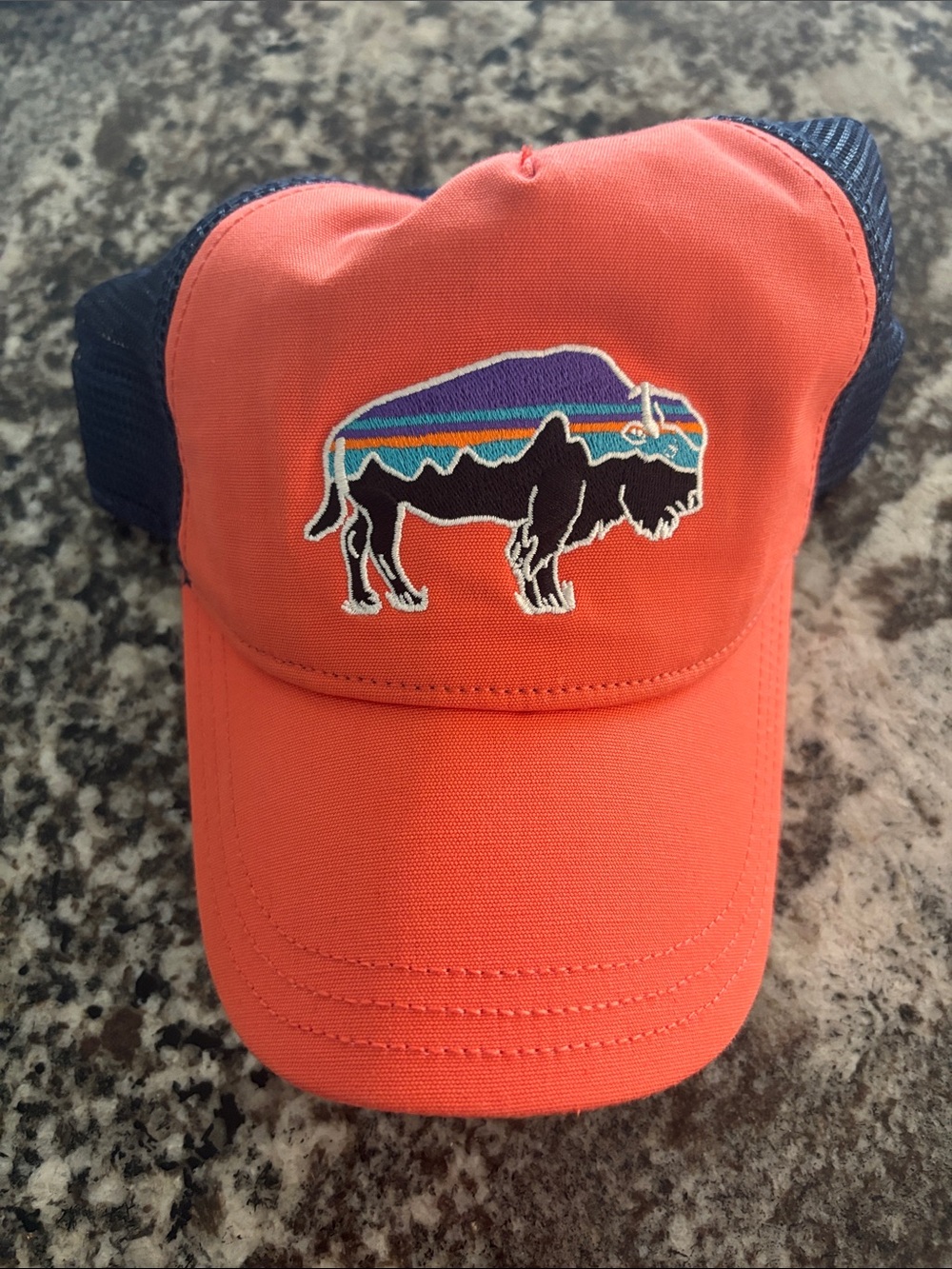 Patagonia Orange and Navy Buffalo Patch Trucker Hat